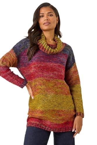 Image of Roman Originals Roll Neck Chunky Knit Jumper for Women UK - Ladies Everyday Holiday Autumn Winter Pull-On Long Sleeves Comfy Cozy Soft Evening Vacation Work Party - Multi - Size 12