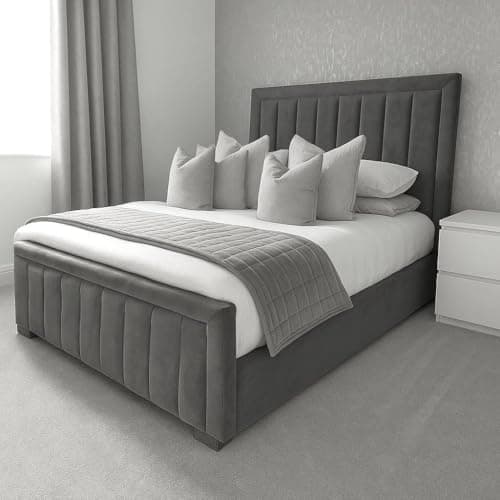 Image of Attock Beds Chesterfield Border Panel Bed Frame - UK made - Double/King/Super King Size Plush Velvet Fabric Upholstered (Grey Plush, Double)