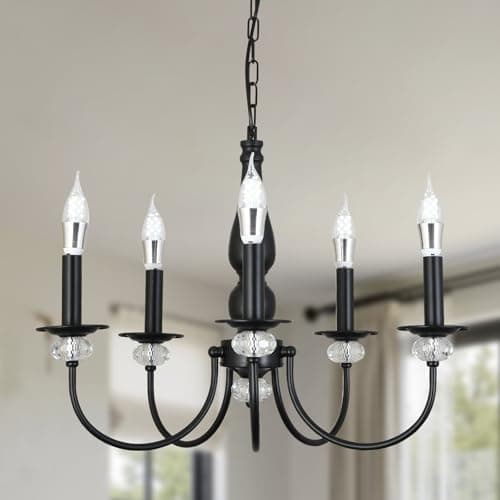 Image of Black Chandelier, 5-Light Farmhouse Candle Chandelier for Living Room, Rustic Industrial Pendant Chandeliers for Dining Room, Vintage Crystal Hanging Light fixture for Hallway Kitchen Foyer E14