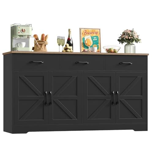 Image of HOCSOK Sideboard, 150cm Kitchen Cabinet with 3 Drawers and 4 Doors, Large Sideboard with Storage, Adjustable Shelves, Storage Cabinet for Living Room, Dining Room, Black 150W x 81.5H x 38.5D