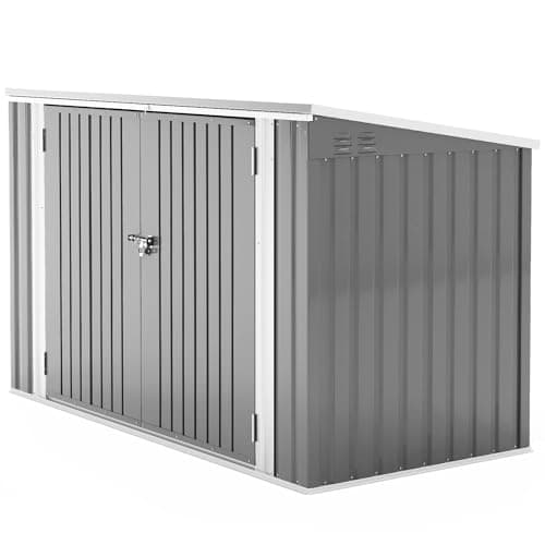 Image of XEMQENER Lockable Garden Storage Shed, Outdoor Bike Shed with Door and Roof, Metal Galvanized Steel Pent Tool Storage Sheds for Bikes, Garbage Bins, Grey (D105x W210x H130cm)