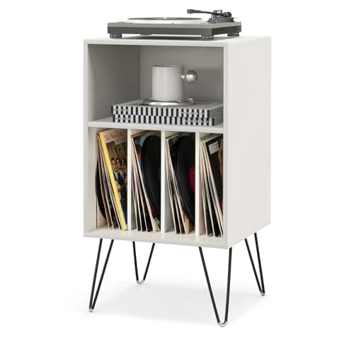 Image of COSTWAY Record Player Stand, Wooden Turntable Stand End Sofa Side Table with 5 Shelves for 150 Albums, Metal Legs Vinyl Record Storage Cabinet Holder for Living Room Bedroom (White)