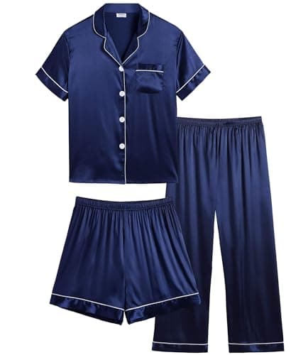 Image of SWOMOG Girls Silk Pyjamas for Kids Satin Nightwear 3 Piece Button-Down PJs Print Short Sleeve Sleepwear with Long Pants Navy Blue