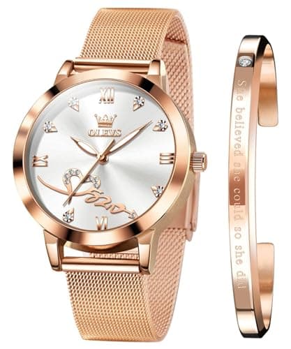 Image of OLEVS Ladies Watches Rose Gold Mesh Strap Fashion Dress Quartz Waterproof Luminous Female Wrist Watches for Women Bracelet Sets