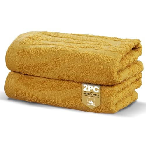 Image of Rapport Home 2-Pack Safari Hand Towels | Mustard Yellow | 50x85cm 100% Cotton 500GSM | Absorbent & Soft Bathroom Towel Set | Oeko-Tex Certified