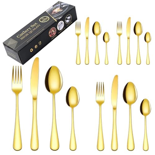 Image of Gold Silverware Cutlery Set 16 Pieces, Premium Stainless Steel Flatware Set,Kitchen Utensils Tableware Set Including Knives/Forks/Spoons Service for 4, Mirror Polished,Dishwasher Safe(Gold/16Pieces)