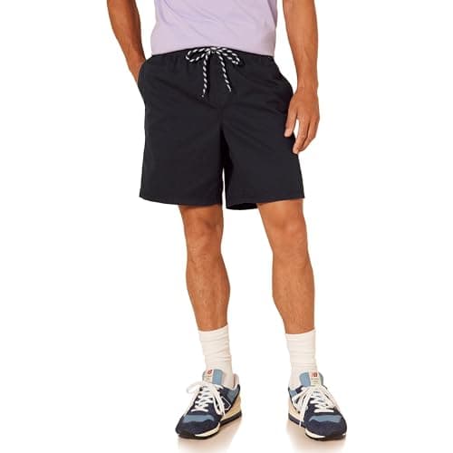 Image of Amazon Essentials Men's Relaxed Fit 8" (20cm) Cotton Elasticated Waist Pull On Drawstring Walk Shorts, Black, L