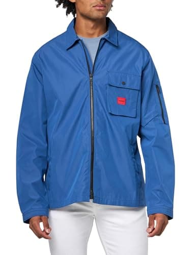 Image of HUGO Mens Cotton Blend Zip Overshirt Skyline Blue L
