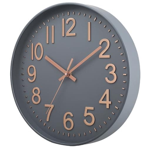 Image of Wall Clock 12" Silent Non-Ticking Modern Wall Clocks Battery Operated for Office, Home, Bathroom, Kitchen, Bedroom, School, Living Room White (Greyrosegold clock)
