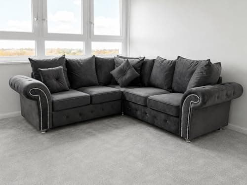 Image of Hugo Grey Velvet Corner Sofa – Plush 2C2 Fabric Corner Couch – Modern Luxury 4–5 Seater Sofa with Deep Cushions for Living Room
