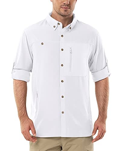 Image of Outdoor Ventures Men's Long Sleeve Safari Shirt UV Protection Hiking Shirts Quick Drying Roll-Up Button Down Shirts with 3 Pockets for Walking Fishing White S