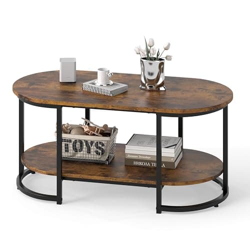 Image of COSTWAY Faux Marble Coffee Table, Modern 2-Tier Center Table with Wide Tabletop & Open Storage Shelf, Gold Frame Oval Cocktail Table for Living Room Bedroom (Rustic Brown)