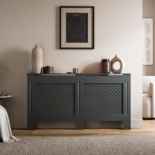 Image of Radiant Living Radiator Cover Diamond Cross Pattern, Modern Anthracite Grey MDF Radiator Cabinet for Living Room & Bedroom, Large 152 x 81.5 x 19cm