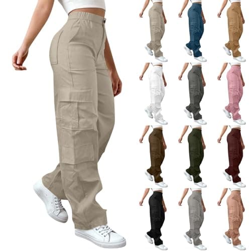 Image of Cargo Trousers Women Size 20, Women's Cargo Trousers Elastic Waist Work Cotton Stretch Parachute Pants for Hiking Walking Gym Combat Streetwear Beige Ladies Cargo Pants Size 14 M