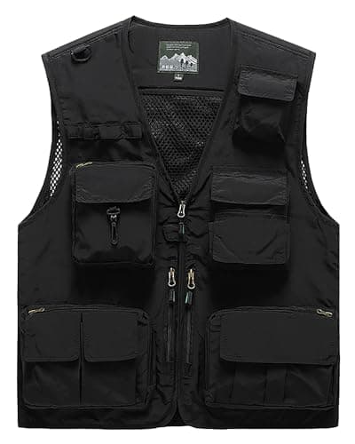 Image of Wirltte Mens Vests Cargo Outdoor Work Safari Hunting Fishing Travel Photo Mesh Waistcoat Vest Gilet Multi Pockets Black XXL