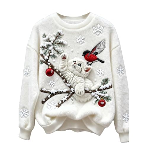 Image of Ladies Christmas Sweatshirt Uk Sparkling Reindeer Snowflakes Printed Jumper Long Sleeve Crewneck Sweaters Womens Loose Fit Xmas Jumper Autumn Winter Sweatshirts Holiday Long Sleeve Tops White