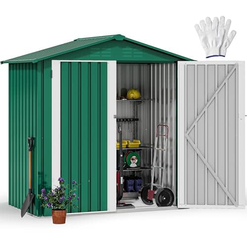 Image of DWVO 6x4 FT Metal Garden Shed, Outdoor Storage Shed with Lockable Door & Sloping Roof, Galvanised Steel Tool Shed for Backyard, Patio, Garden,Weatherproof,Weatherproof, Green