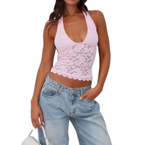 Image of Qtinghua Womens Y2K Floral Lace Crop Tops Sexy Deep V-Neck Backless Tank Summer Going Out Aesthetic Grunge Halter Top Club Streetwear (Pink, M)