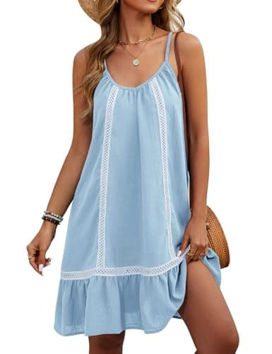 Image of Vancavoo Beach Dress for Women Casual Summer Dresses V Neck Spaghetti Strap Ladies Midi Dress,Blue,M