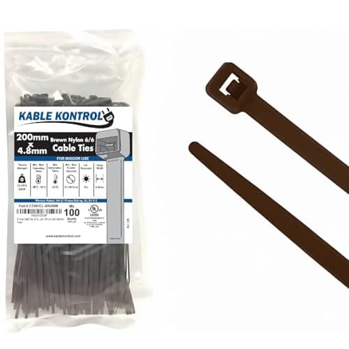 Image of Kable Kontrol Brown Cable Ties, 200 mm x 4.8 mm, Pack of 100, 8" Premium Nylon Zip Ties, Multi-Purpose Plastic Tie Wraps, Secure Self-Locking Mechanism, for Home, Garden, Office and DIY