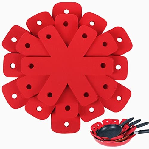 Image of Pan Protectors for Stacking, Red 8 Pack Felt Pan Separators with Hanging Holes, 4 Sizes 40.5/35.5/30.5/25.5 cm, Anti-Scratch Pot and Saucepan Protectors for Non-Stick Pans, Kitchen Accessories