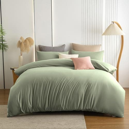 Image of Soifox Double Duvet Cover Set - Sage Green Bedding Set Double Bed with Zipper Closure, Soft Non Iron Microfiber Duvet Cover with 2 Pillowcases