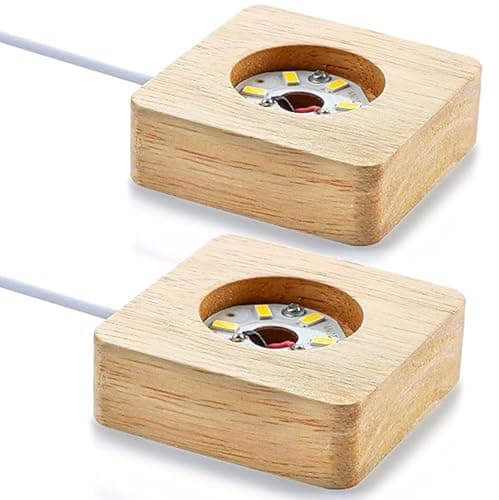 Image of 2 PCS Wooden LED Display Bases, Square Crystal Glass Light Base Stand with 90cm USB and Switch for 3D Crystal Ball Jewelry Glass Resin Art, Warm White LED Lamp