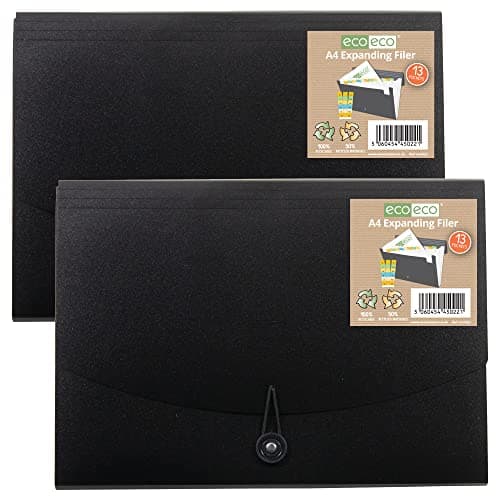 Image of eco-eco A4 50% Recycled 13 Clear Pocket Black Cover Expanding File Organiser - Document Folder - Printed Index Tabs, eco022x2