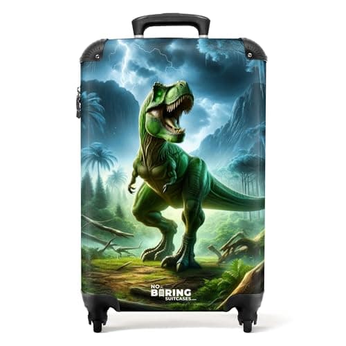 Image of NoBoringSuitcases.com® Children's Luggage Kids Suitcase for Boys - Hand Luggage - Cabin Suitcase - Hard Shell Trolley 55x40x20 cm on Wheels - Green Dinosaur in Jungle - 20 inch - 10kg