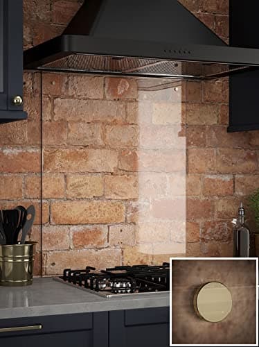 Image of Clear Glass Kitchen Splashback (Gold Caps) 600mm x 750mm - Heat Resistant Splashback for Cookers/Hobs - Pre-drilled & Includes Fixing Kit