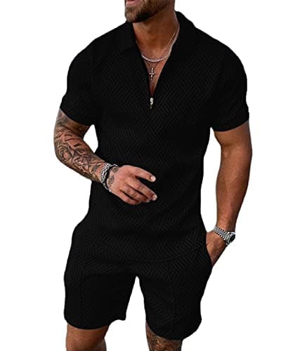 Image of Hoefirm Men's Tracksuits Short Sets Outfit Suit Quarter-Zip 2 Pcs Casual Holiday Summer Joggers Gym Activewear Loungewear Black S