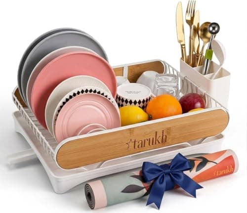 Image of tarukh Modern Dish Drying Rack with Natural Bamboo Accents & Diatomite Drying Mat – Multifunctional Space Saving Rust-Proof Dish Drainer for Kitchen Countertop, Cutlery Holder, Plate & Bowl Organizer