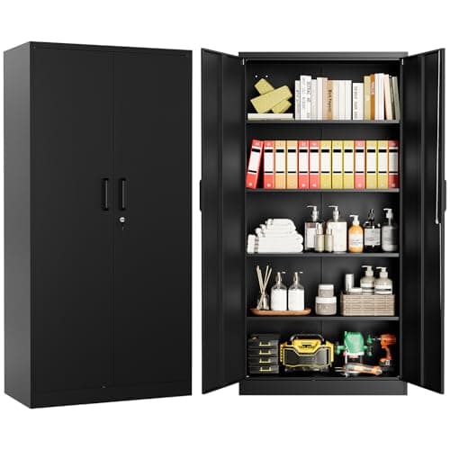 Image of Sightlife Metal Garage Storage Cabinet with 2 Doors Lock Steel Tool Cabinets 4 Adjustable Shelves Lockable File Cabinet Tall Locker Organizer Steel Garage Cabinets Black