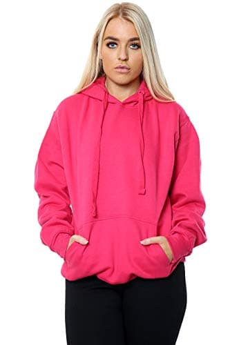 Image of imporio 11 Women Ladies Oversized Pullover Plain Hoodie Top With Out Zip Hoodies Sweatshirt Top Jumper UK 10-18 (Fuchsia, X-LARGE UK 16-18)