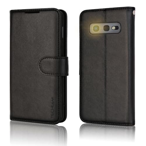 Image of TECHGEAR Galaxy S10 Leather Wallet Case, Flip Protective Case Cover with with RFID Blocking Card Slots, Kickstand and Wrist Strap - Black PU Leather Designed For Samsung Galaxy S10