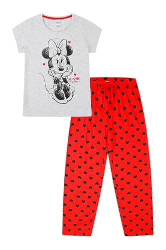 Image of Disney Womens Minnie Mouse Red Grey Ladies Long Cotton Pyjama Set (10-12)