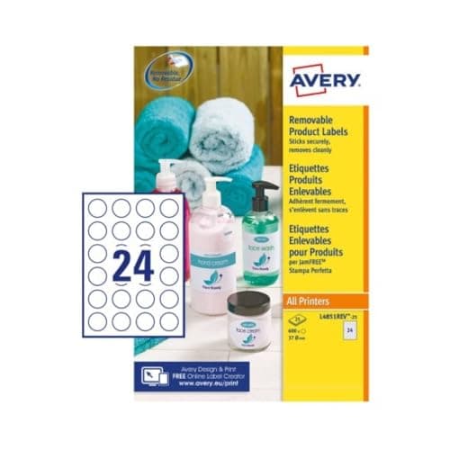 Image of Avery Removable, Printable, Multi Purpose Circle Labels, Multi Surface, Ø37 mm, White, 24 Labels per Sheet, 600 Blank Labels per Pack (L4851REV-25)
