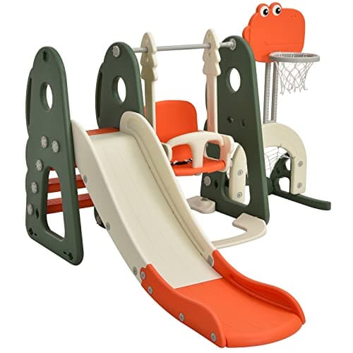 Image of Maxmass Toddler Slide and Swing Set, Children Playground Playset with Basketball Hoop, Long Slide and Climb Ladder, Indoor Kids Play Area for Boys Girls (Orange+Green, 173x191x120cm)