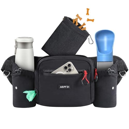 Image of AGPTEK Dog Walking Bag, Large Capacity Dog Training Treat Pouch, Bumbag with Removable Snack Pouch, Water Holder, Poop Bag Dispenser, Waterproof Zipper, Adjustable Strap, Black