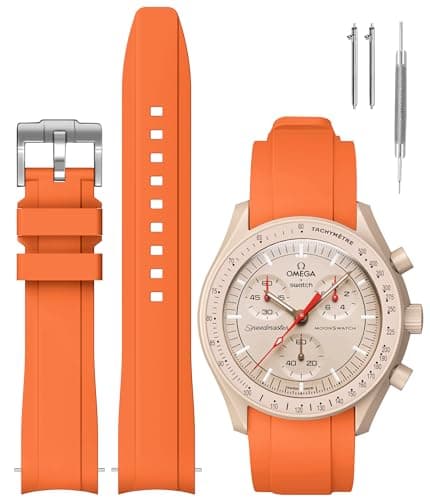 Image of REBANDACE Curved Silicone Replacement Strap for Omega X Swatch Speedmaster Moonswatch Watch, 20mm, Soft Swatch Omega Strap for Men Women (Orange)