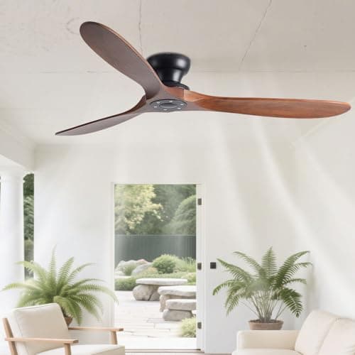 Image of IBalody Solid Wood 42in Ceiling Fan Without Lights Flush Mount Ceiling Fans With Remote Control 6 Speeds, Wood Blades Modern Ceiling Fan No Light For Bedroom/Farmhouse/Patio/Indoor
