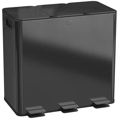 Image of HOMCOM Triple Kitchen Bin, 3 x 20L Stainless Steel Three Rubbish Bin with Removable Inner Buckets, Soft Close Lid, Fingerprint-Proof for Recycling and Waste, Black