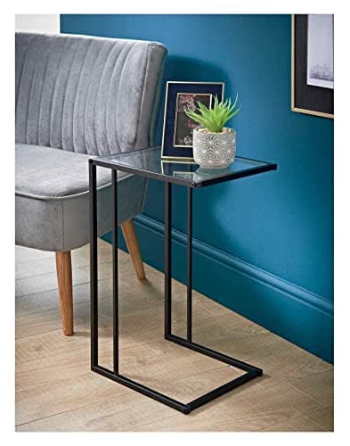 Image of spot on dealz C-Shaped Side Table with Black Metal Frame - Tempered Glass Top Snack & Laptop Stand for Living Room, Bedroom, or Office