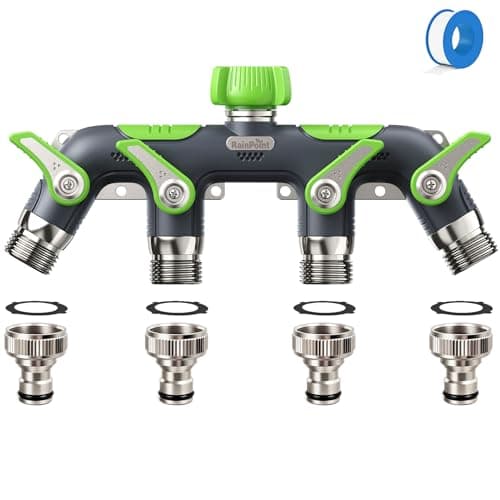 Image of RAINPOINT Garden Hose Splitter 4 Way, 3/4" Heavy Duty Water Hose connector with Shutoff Valves and 3/4" to 1/2" Adapter, 100% Metal Body Outdoor Faucet Splitter, 1.9" Extra Long Metal Handle