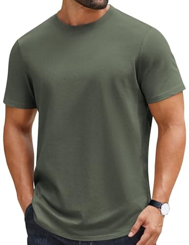 Image of COOFANDY Men's T Shirt 100% Cotton Heavyweight Short Sleeve Crew Neck Tee Basic Plain Tops Regular Fit Olive Green 2XL