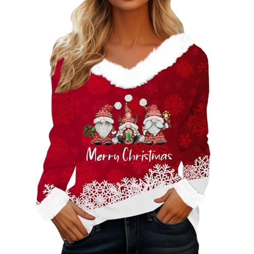 Image of Black White Pink Womens Christmas Tree Sweatshirts UK Long Sleeve Novelty Funny Print Glitter Jumper Oversized V Neck Xmas Holiday Casual Shirts Fashion Pullover Tops Fall 2xl 4xl Size 22 20 18 16 14