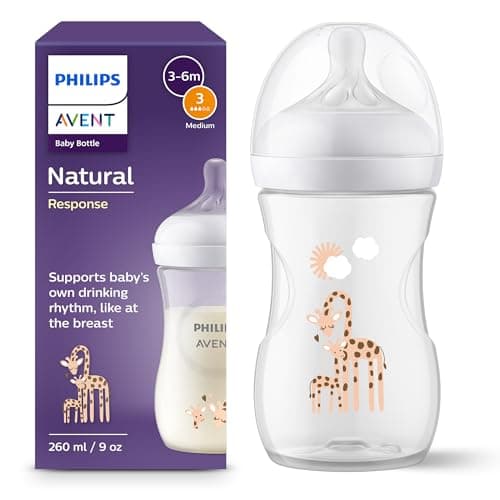 Image of Philips Avent Natural Response Baby Bottle - 260ml Baby Milk Bottle, BPA Free for Babies 1 Month+, Giraffe Pattern (Model SCY903/66)