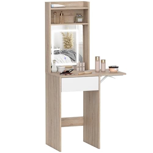 Image of HOMCOM Small Dressing Table with Mirror, Adjustable LED Lights, Drop Leaf Side, Vanity Desk with Open Shelves and Drawer, Compact Makeup Table for Small Spaces, Bedroom, Natural Wood