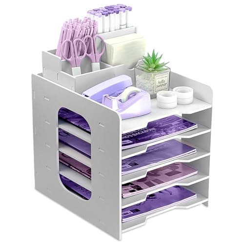 Image of HMXLJJY Letter Tray Organiser, A4 Paper Filing Trays, 5-Tier Office File Tray, Desk File Tidy Organizer with Stackable Filing Tray, Desk Paper Organizer with Pen Holder (White)