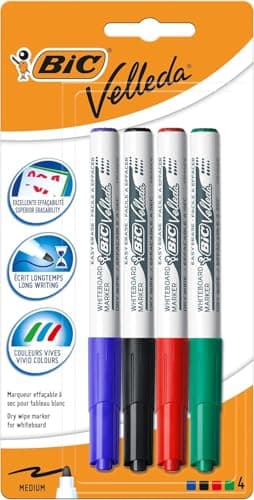 Image of BIC Velleda 1741 Whiteboard Markers Effa & amp; ccedil; ables & amp; agrave; Dry Medium Conical Tip - Assorted Colors, Blister of 4